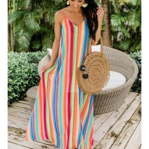 Pink Lily Sunset Getaway Rainbow Striped MaxiDress